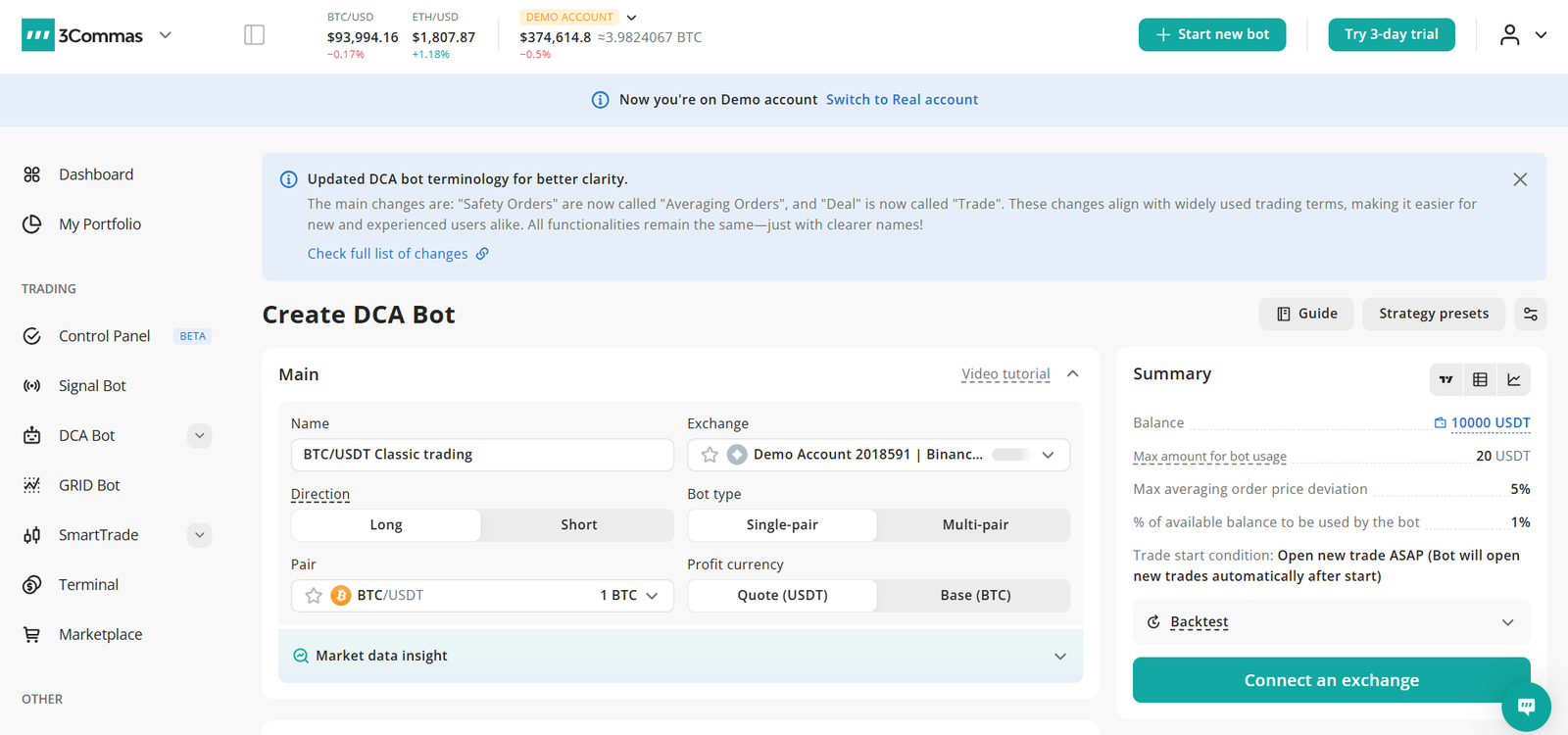 3Commas DCA bot screen